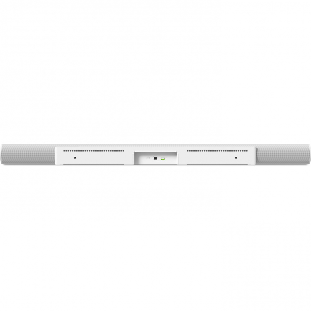 En vit soundbar med två sidomonterade högtalare och connector.