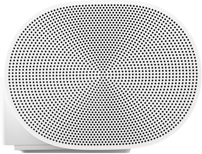 En vit Sonos Arc soundbar med ett perforerat mönster för ljudutgång.