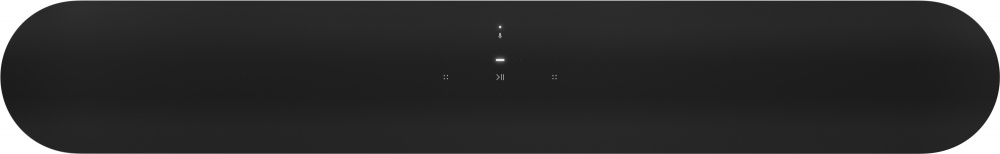 Lång, modern svart ljudbar med kontroller och lysdioder på framsidan.