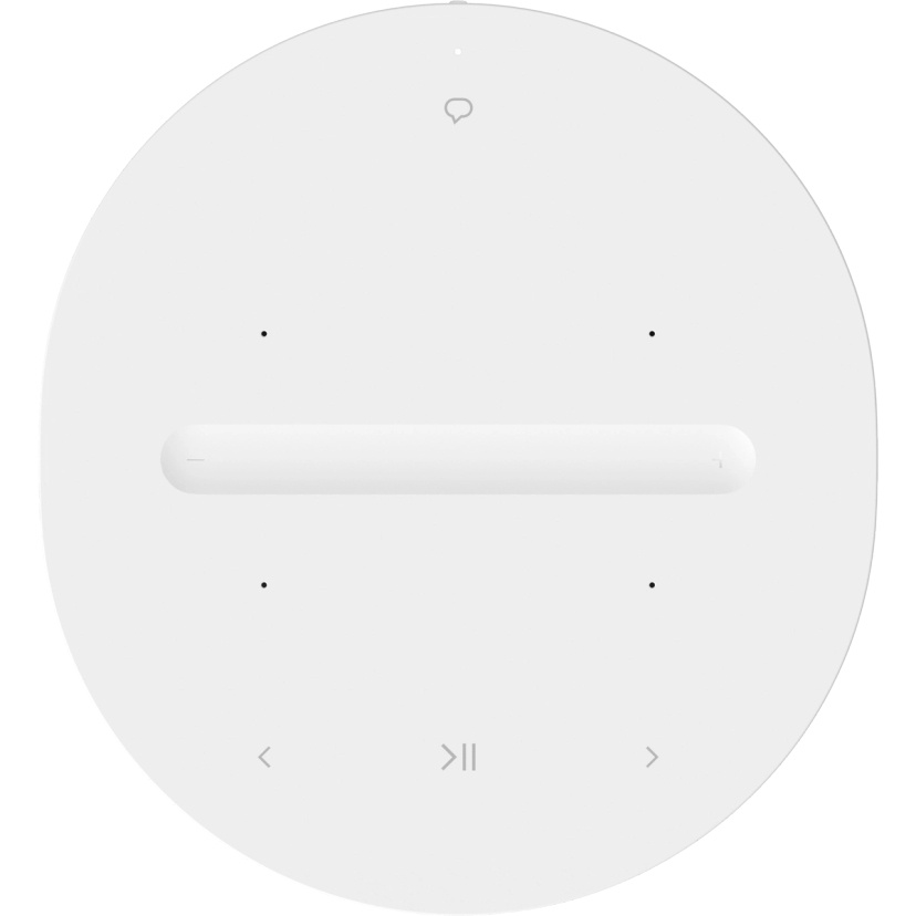 En rund, vit smart högtalare med knappar för volym och spelkontroll.
