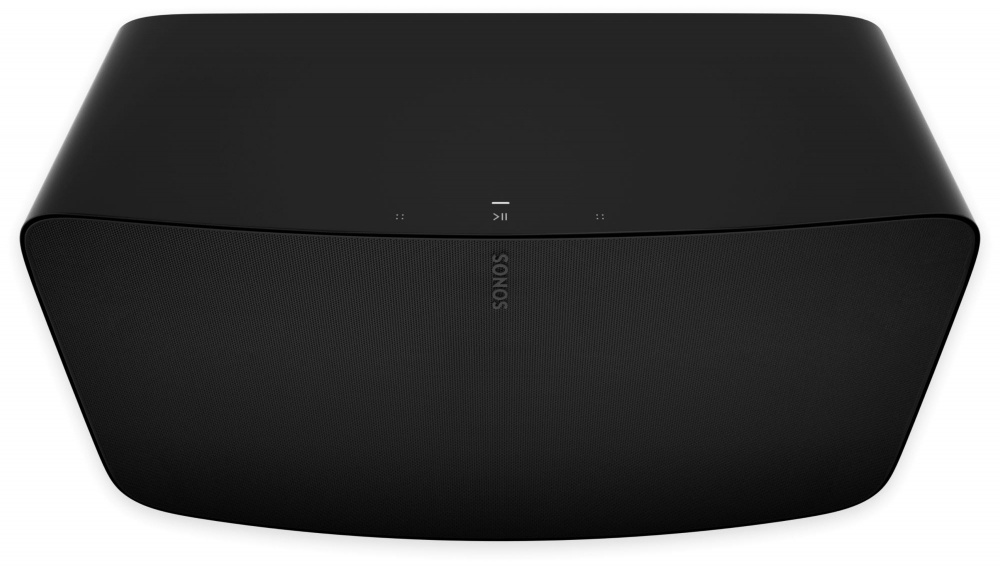 Svart Sonos Five Wi-Fi-högtalare med snygg design och kontroller på toppen.