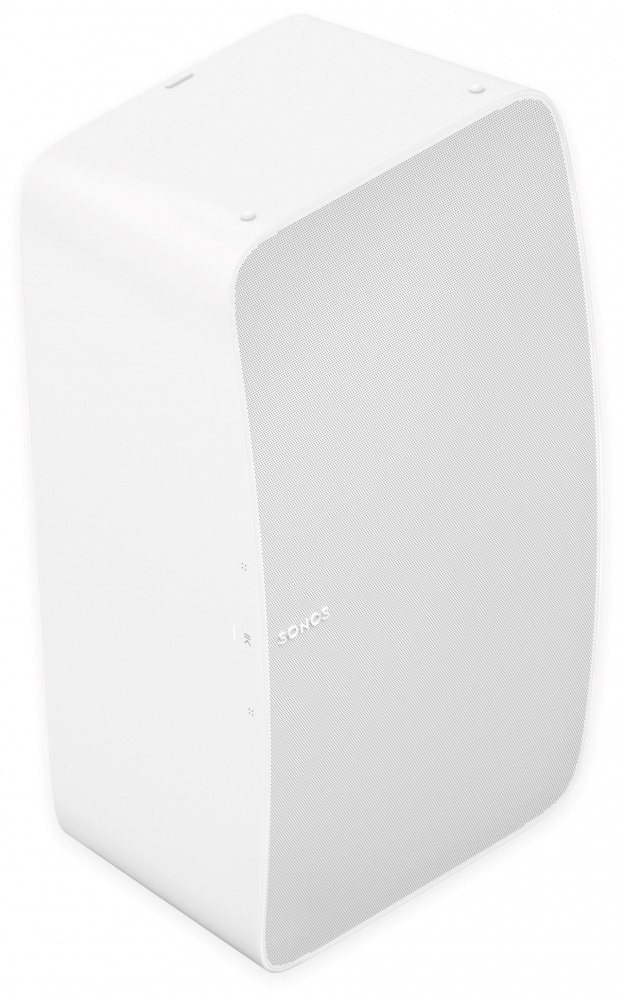 En vit Sonos Five Wi-Fi-högtalare med mjuka linjer och ett nätfilter.