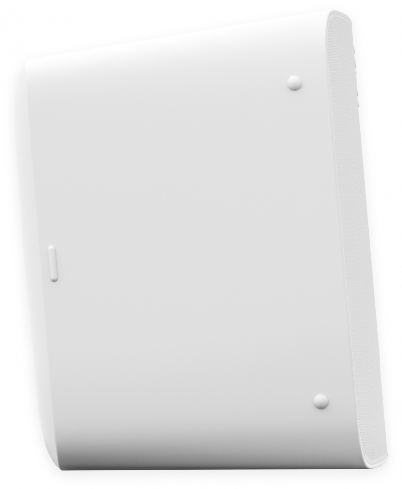 Vit högtalare med stilren design och ljudutsprång.