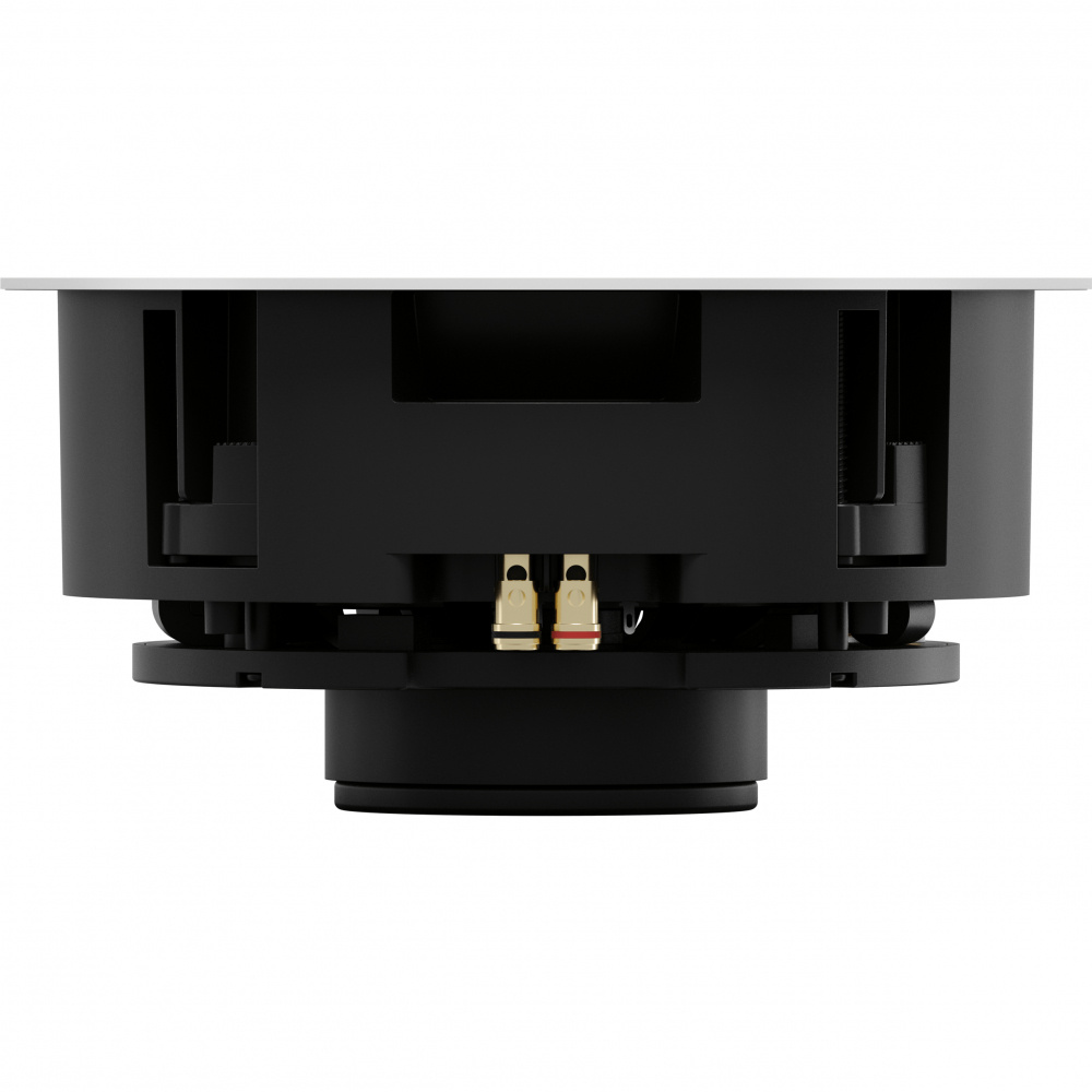 Takmounted högtalare med svart chassi och anslutningar.