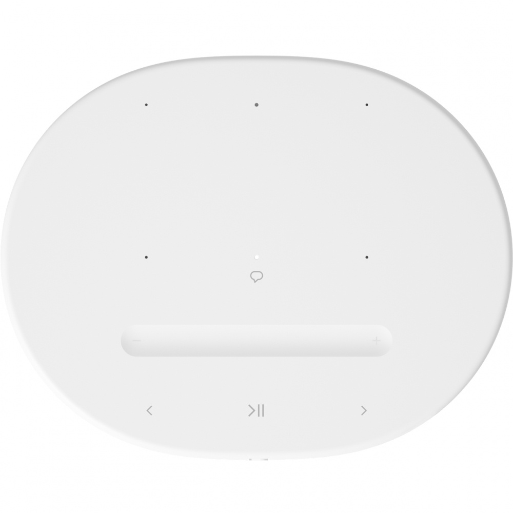 Bärbar vit högtalare med knappar för ljudkontroll och mikrofon.