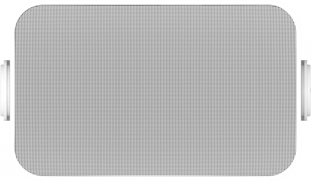 Vita utomhushögtalare med nätgaller och handtag, designad för ljud i utomhusmiljö.