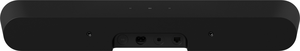 En svart soundbar med anslutningsportar på baksidan.