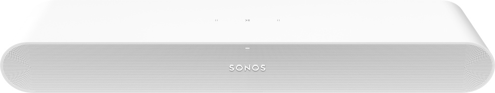 Kompakt vit soundbar med slät design och tydliga ljudutgångar.