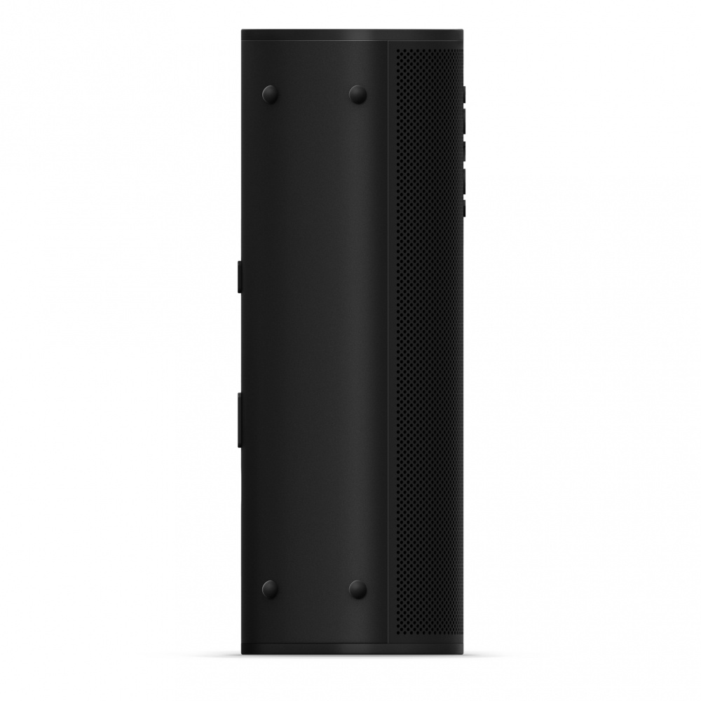 Bärbar svart högtalare med Bluetooth och Wi-Fi, kompakt design.