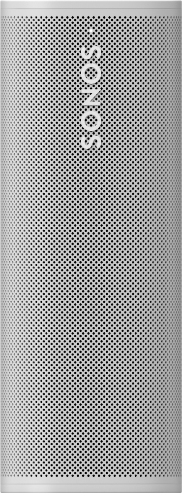 Bärbar vit högtalare med meshdesign, Bluetooth och Wi-Fi-kapacitet.