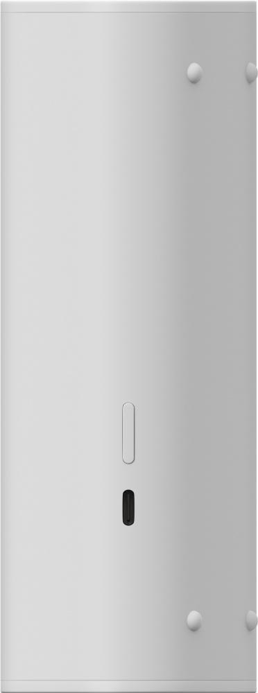 Bärbar vit högtalare med Bluetooth och Wi-Fi, slät yta och knappar.