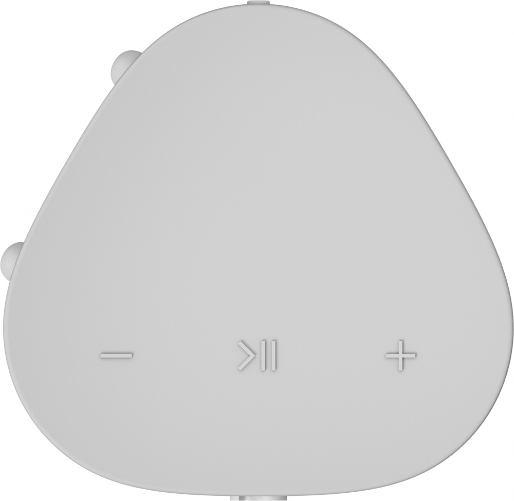 Vit, triangulär högtalare med knappar för volym och uppspelning.