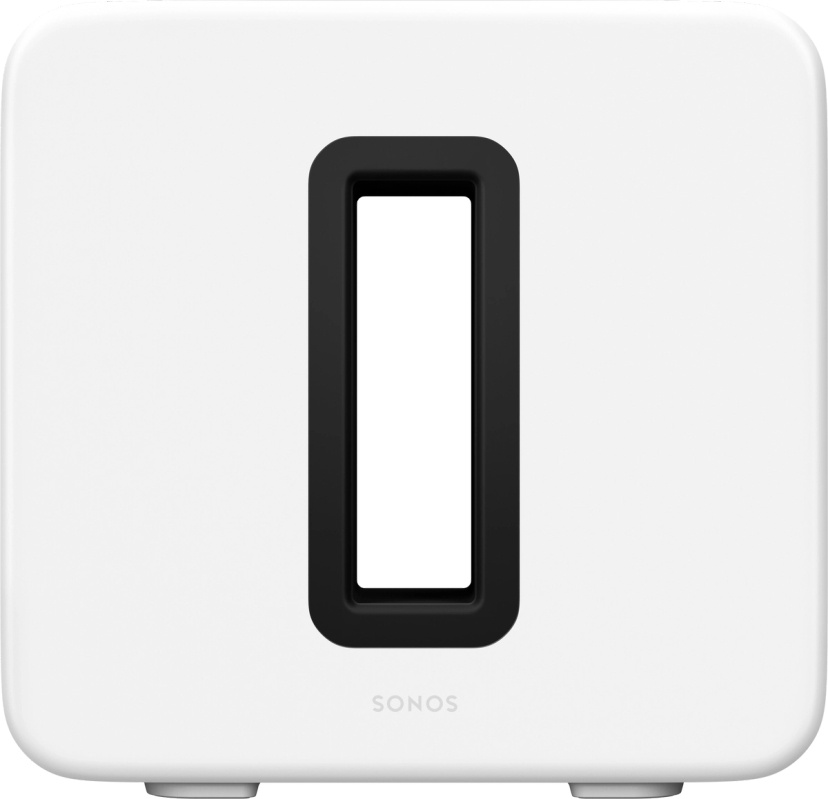 Trådlös subwoofer i vitt med en rektangulär öppning framtill.