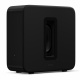 Sonos Sub (gen. 4) kraftfull trådlös subwoofer med Trueplay, svart En svart trådlös subwoofer med en rektangulär design och en synlig basport.