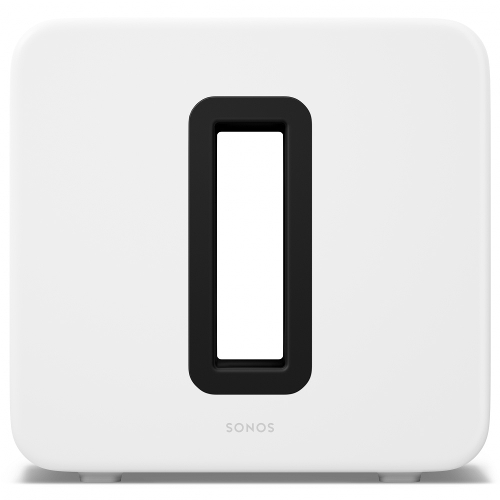 Kraftfull vit trådlös subwoofer med rektangulärt uttag fram.