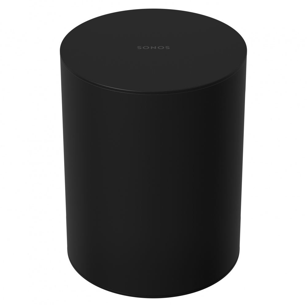 En rund, kompakt svart subwoofer med Sonos-logotyp.