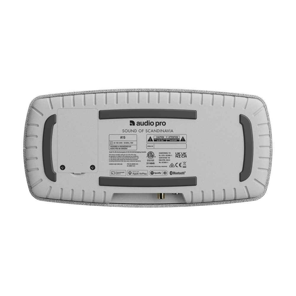 En ljusgrå ljudhögtalare med AirPlay 2 och Chromecast.