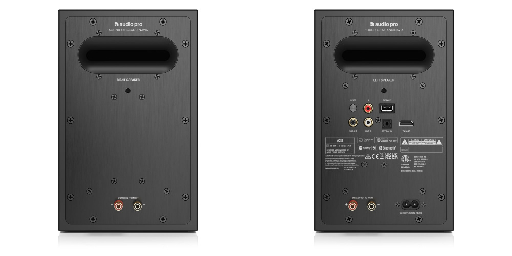 Svart stativhögtalare med anslutningar för ljud och nätverk.