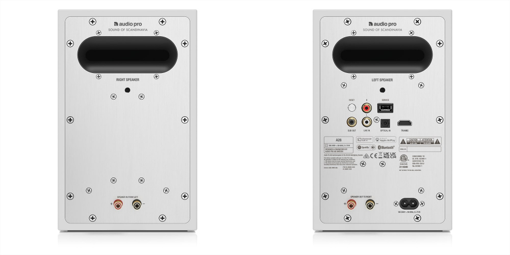Stativhögtalare med wifi, vit finish, bakpanel med anslutningar.
