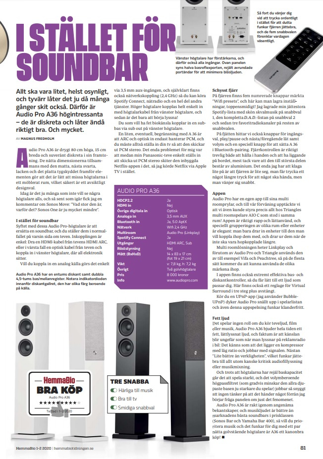 Audio Pro A36 golvhögtalare med Wifi & Bluetooth, svart par