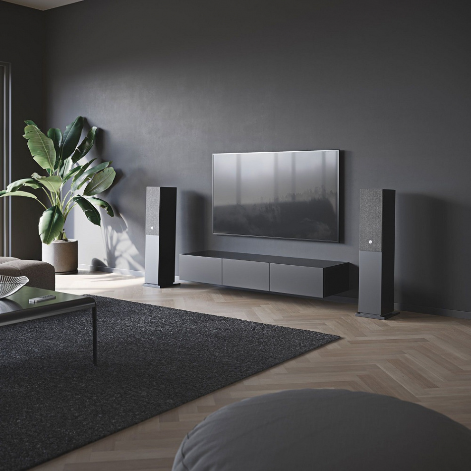 Inredning med svarta golvhögtalare, TV och växt i modern stil.