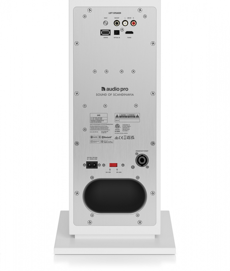 Baksidan av en aktiv högtalare med anslutningar och märken.