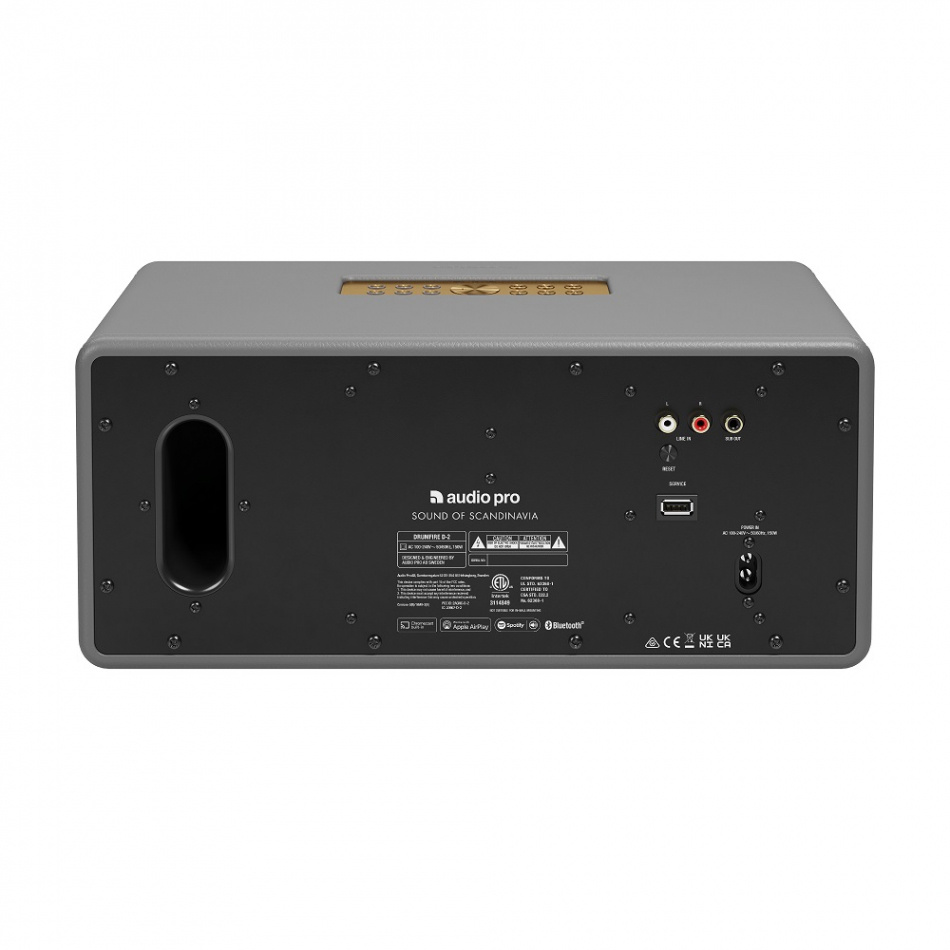 Högtalare med WiFi, Google Cast och AirPlay 2, grå bakpanel med anslutningar.