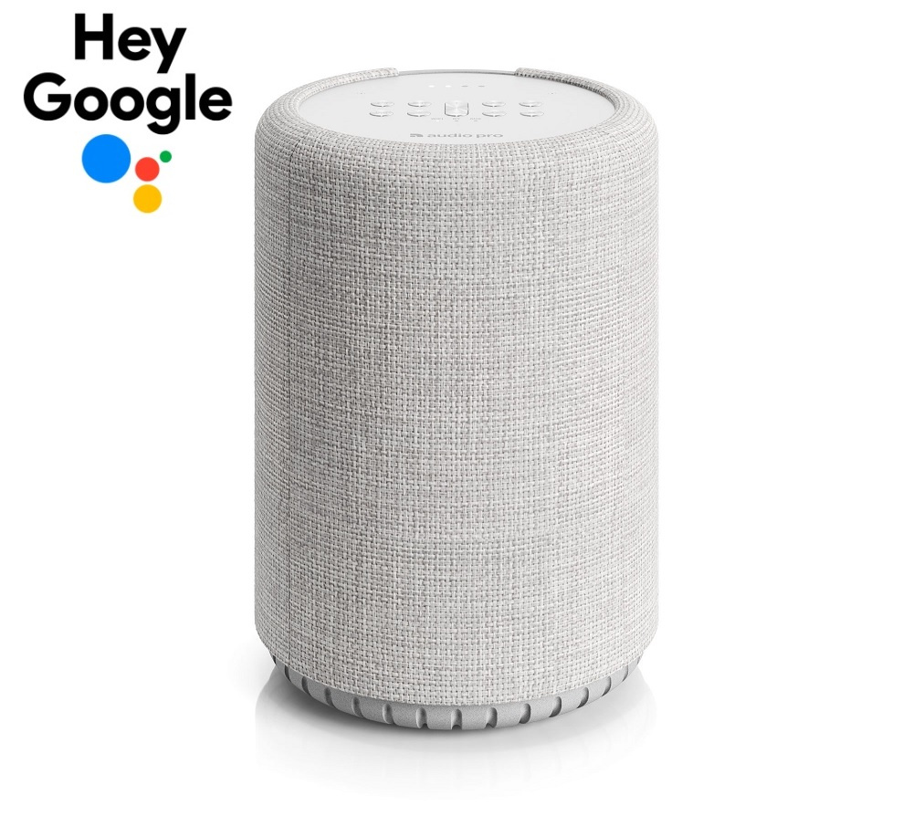 Smarthögtalare i ljusgrått med textilklädsel och röststyrning.