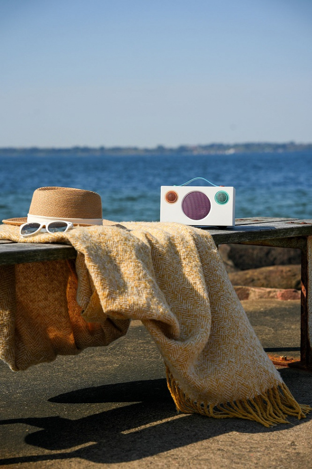 En Bluetooth-högtalare på en bänk nära vatten, omgiven av en filt, solglasögon och hatt.