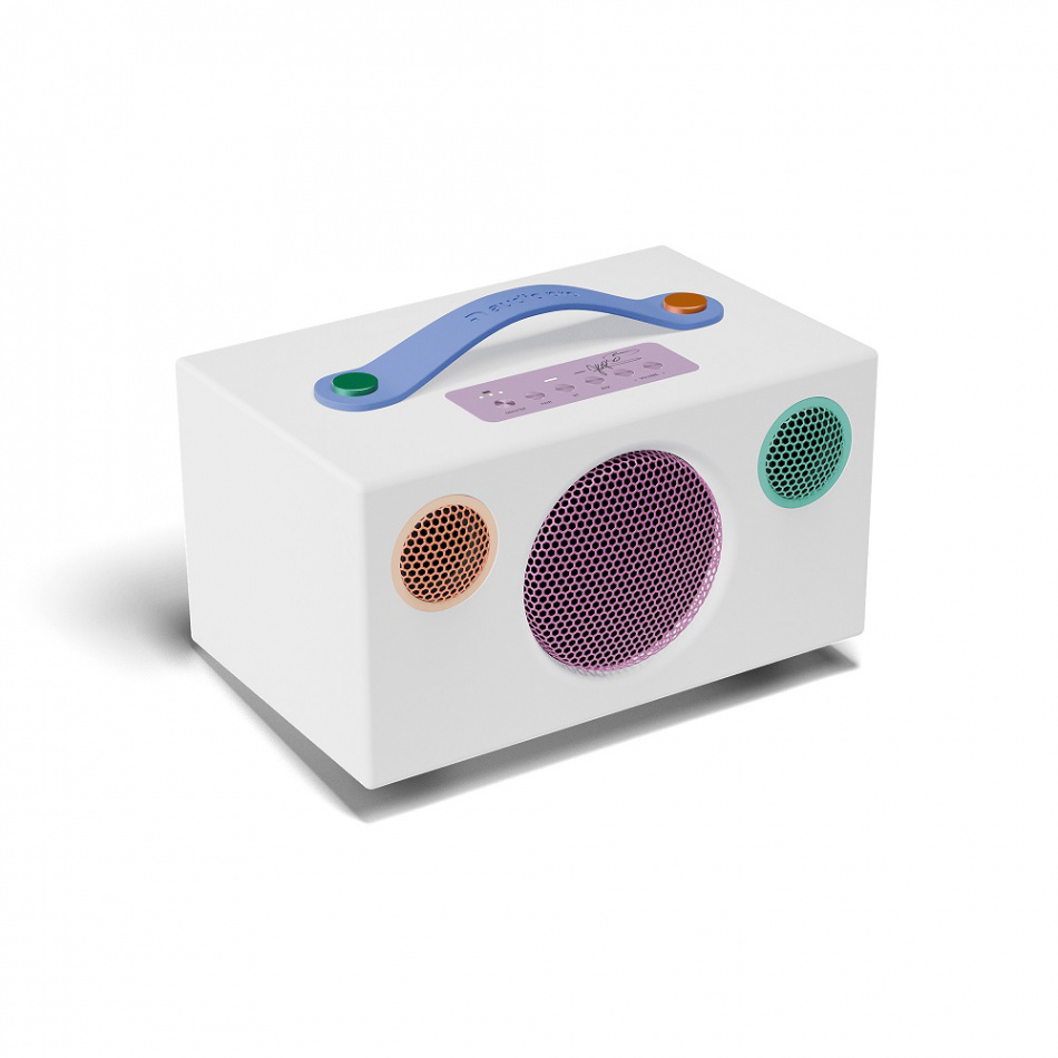 En vit Bluetooth-högtalare med färgglada detaljer och retrodesign.