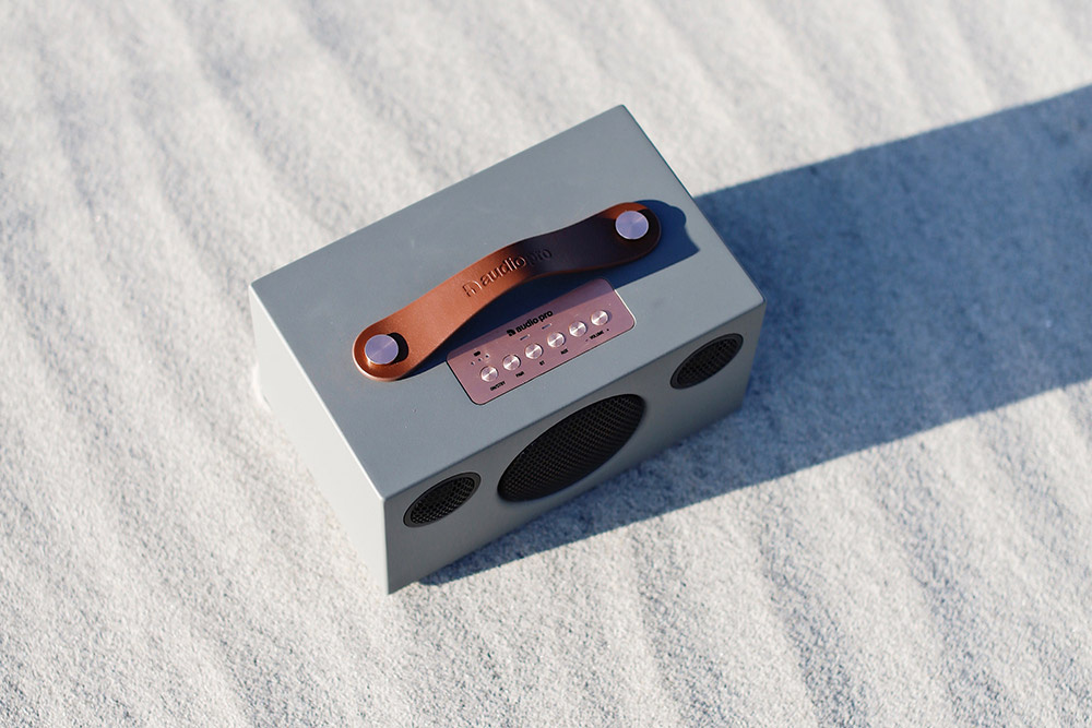 Bluetooth-högtalare med läderhandtag och kontroller på framsidan.