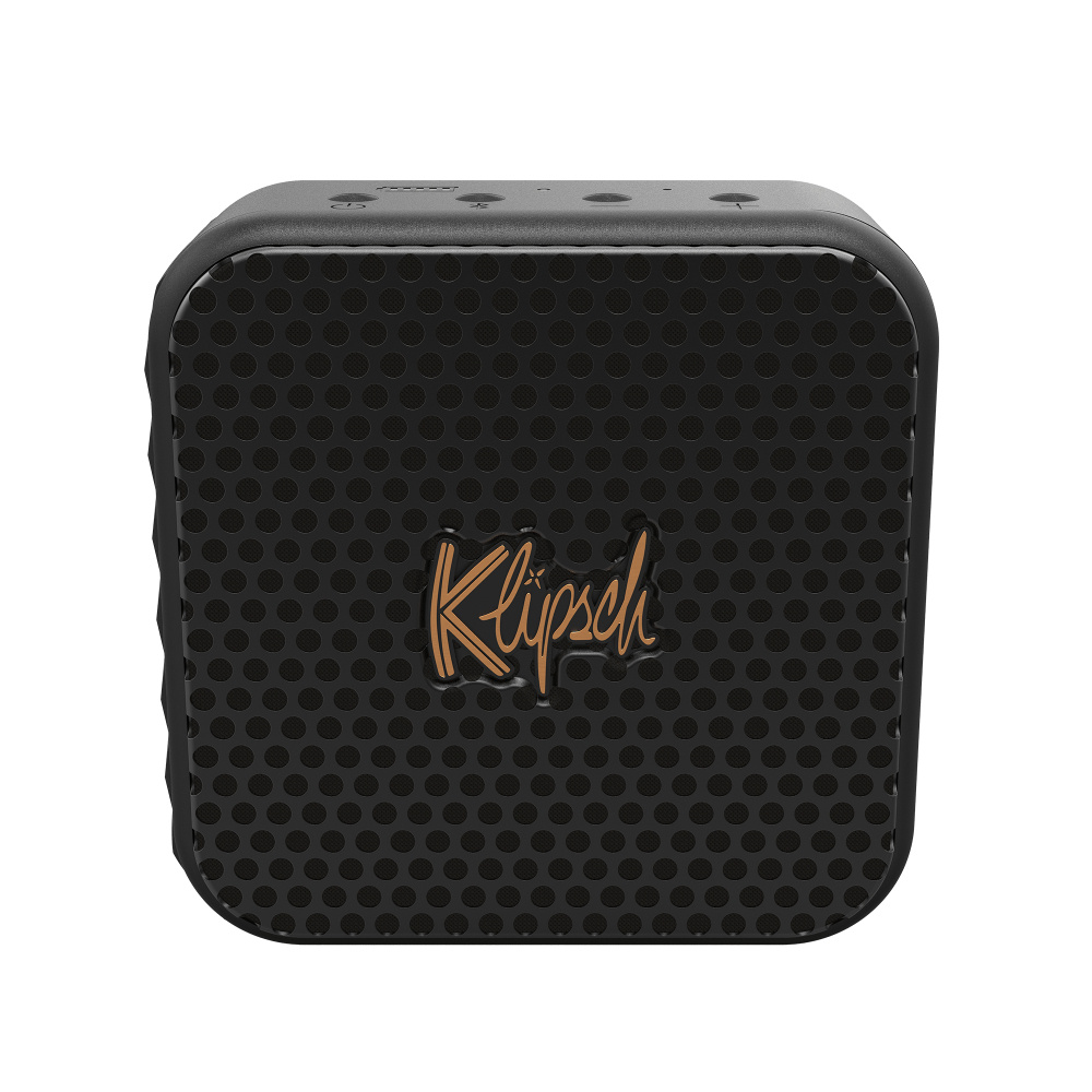 Kompakt, svart Bluetooth-högtalare med Klipsch-logotyp.