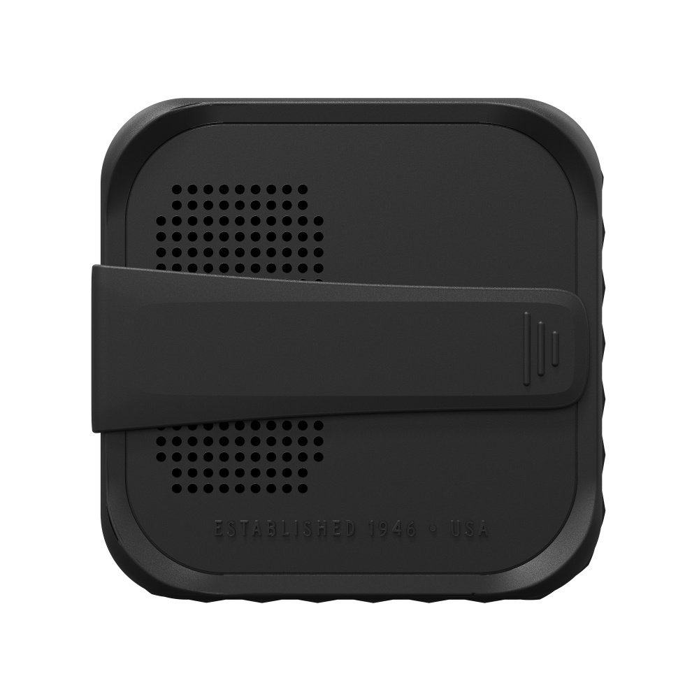 Kompakt, unik svart Bluetooth-högtalare med bärhandtag.