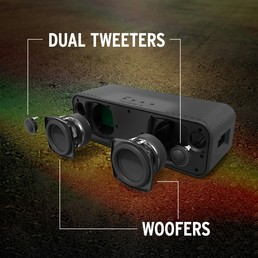 Portabel Bluetooth-högtalare med dubbla tweeters och woofers för bättre ljudkvalitet.