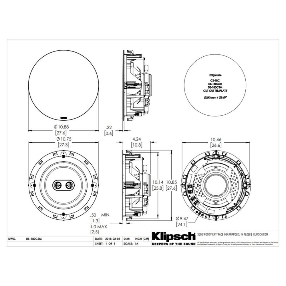 Klipsch DS-180CSM, single-stereo takhögtalare, styck