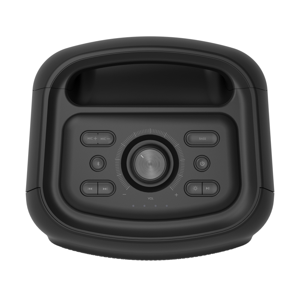 Bärbar högtalare med kontroller för volym, bas och mikrofon.