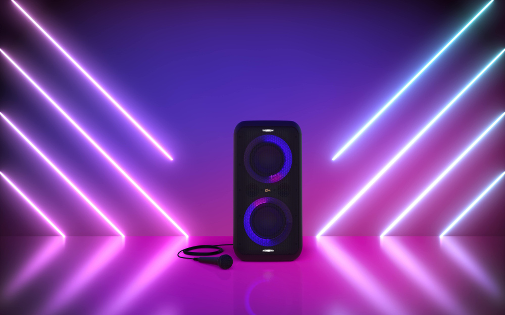 Bärbar högtalare med mikrofon, ljuseffekter och modern design.