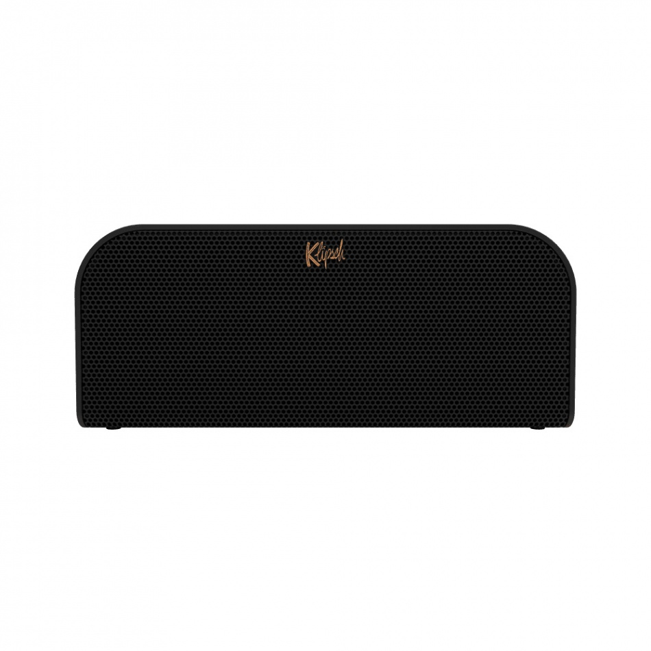 Portabel Bluetooth-högtalare i svart med en rundad design och Klipsch-logotyp.