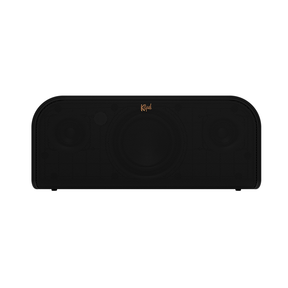 Portabel Bluetooth-högtalare i svart med rundad design och Klipsch-logotyp.