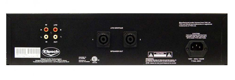 Baksidan av en Klipsch KA-1000-THX subwoofer med anslutningar.