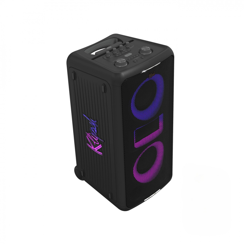 En bärbar högtalare med färgglad LED-belysning och handtag för enkel transport.