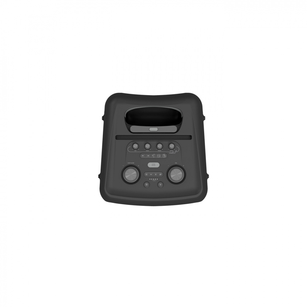 En svart partyhögtalare med knappar och Bluetooth-funktioner.