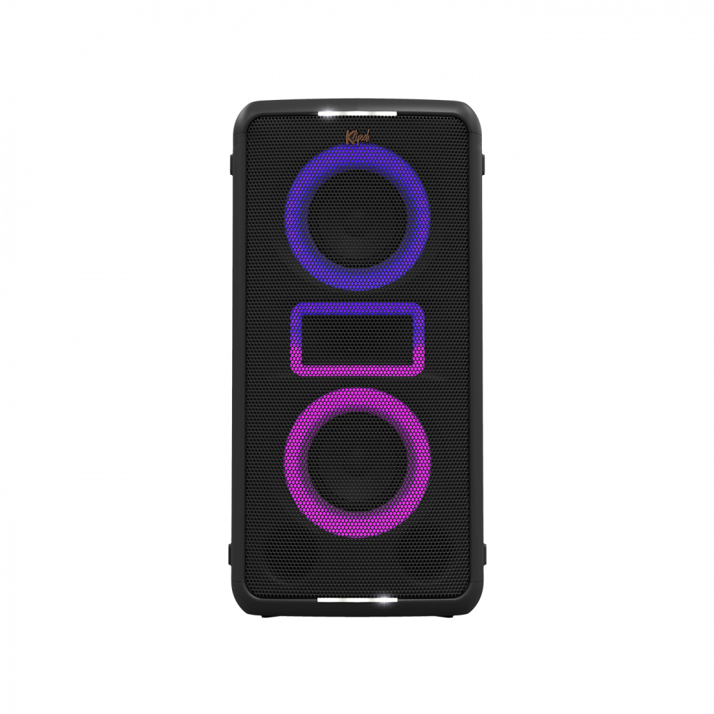 En svart partyhögtalare med färgglad belysning och mikrofon.