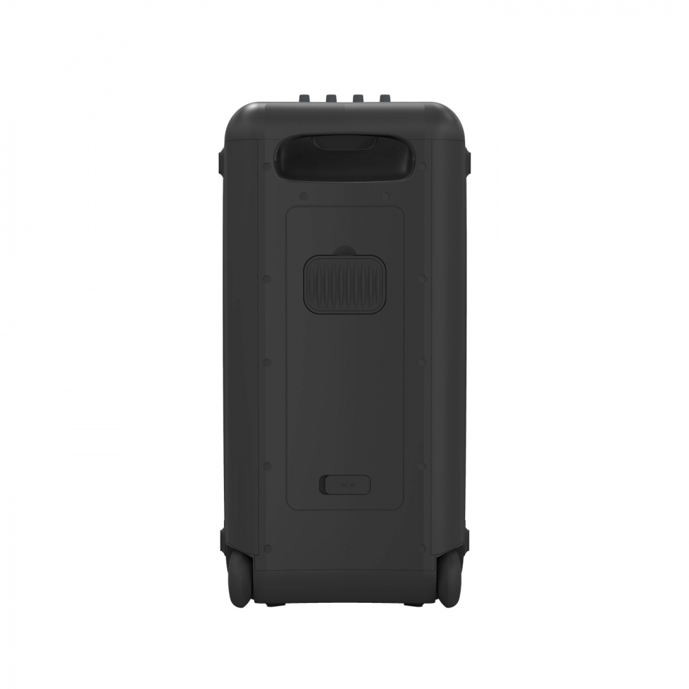 En svart, bärbar högtalare med hjul och anslutningar på baksidan.