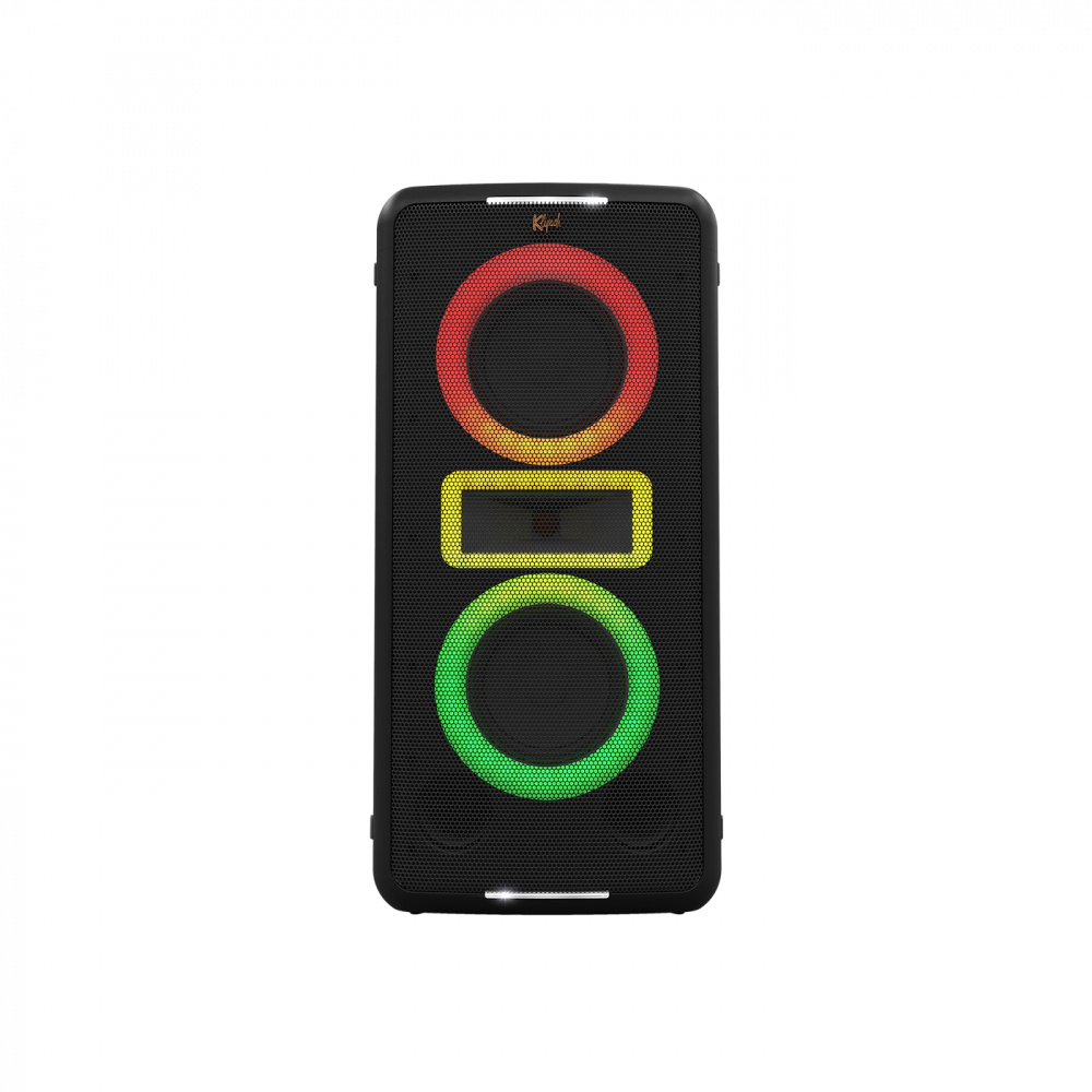 Högtalare med två stora basar och färgglad belysning, Bluetooth och mikrofon.