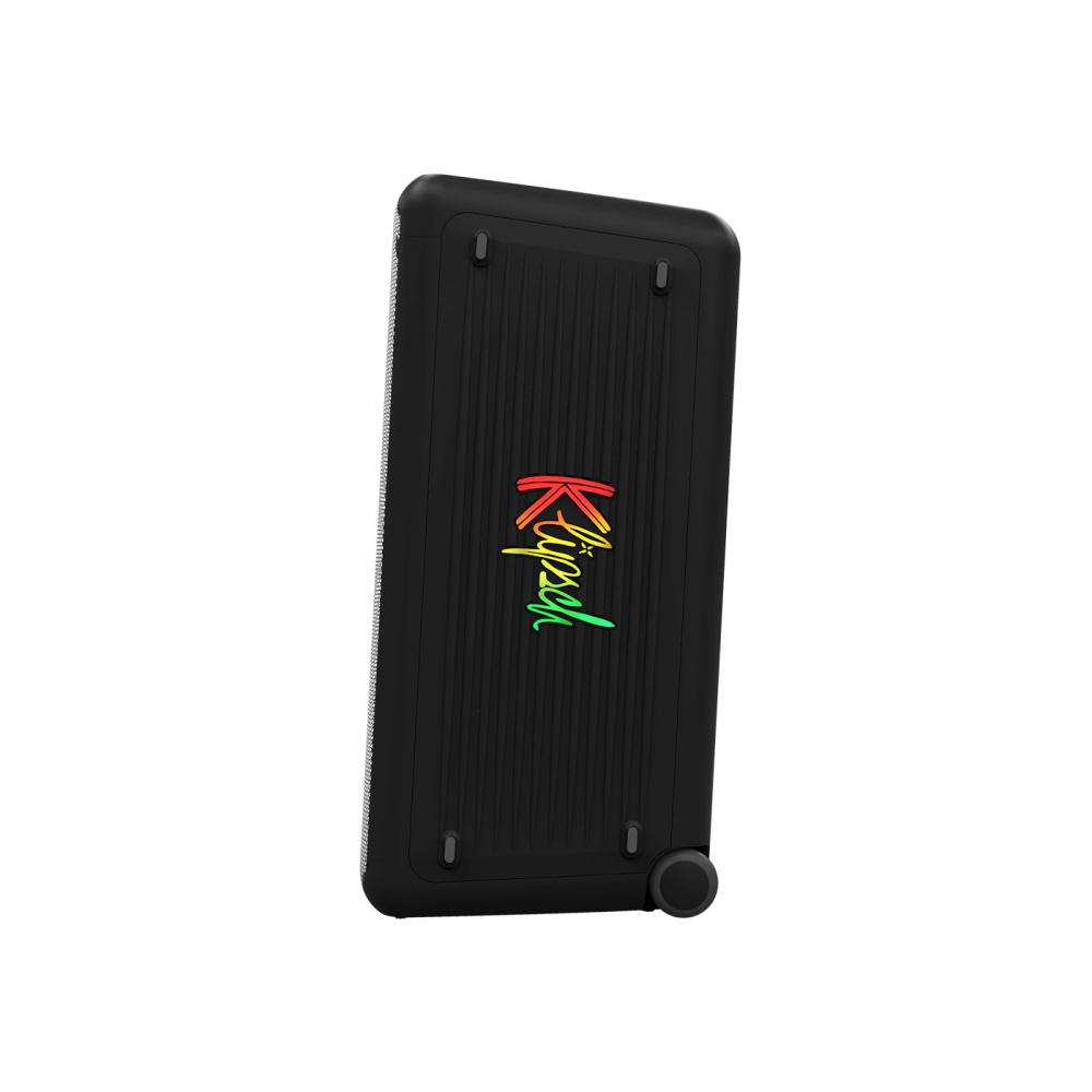 En svart högtalare med Klipsch-logotyp, designad för fester och Bluetooth-användning.