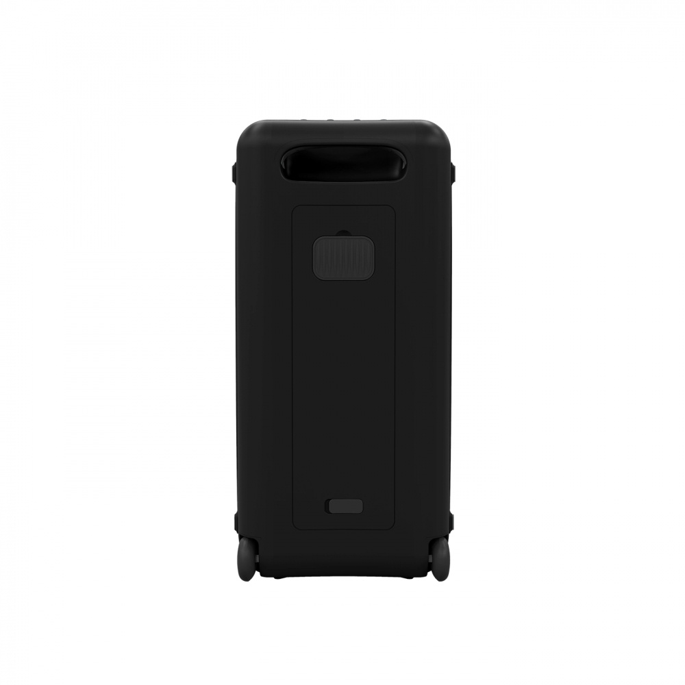 En svart, robust högtalare med hjul och handtag.