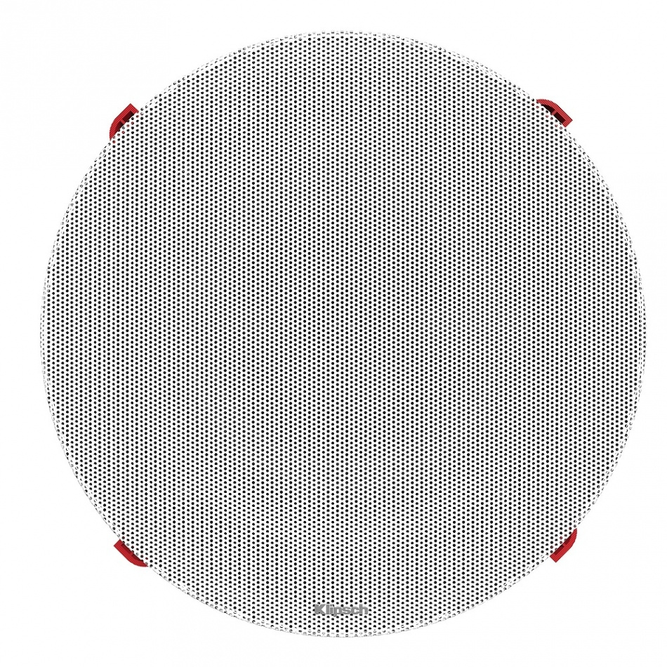 Takhögtalare med rund, gles gallerdesign och röda fästen.