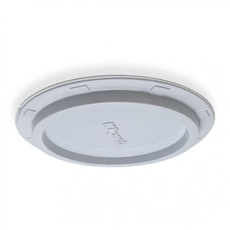 Takhögtalare med cirkulär front, vit färg, designad för montering i tak.