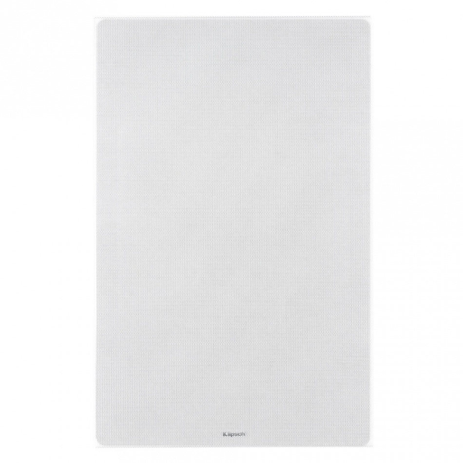 Vitt, rektangulärt högtalargaller för vägghögtalare.